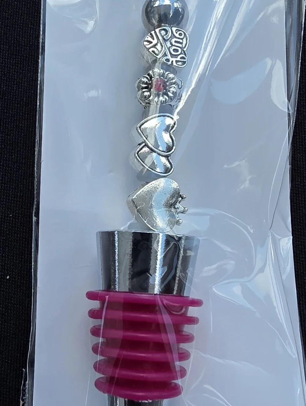 Handcrafted  Heart Wine Bottle Stopper with Pink Accent
